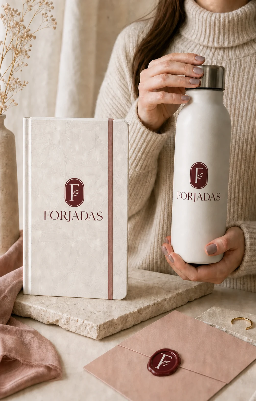 Caderno, garrafa e papelaria com a identidade oficial FORJADAS